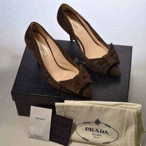 Prada Brown Suede Bow Heel Shoes Size 36 W/ Box